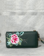 Handmade Embroidery Green Leather Peony Wristlet Wallet Womens Zip Around Wallets Flowers Peony Ladies Zipper Clutch Wallet for Women