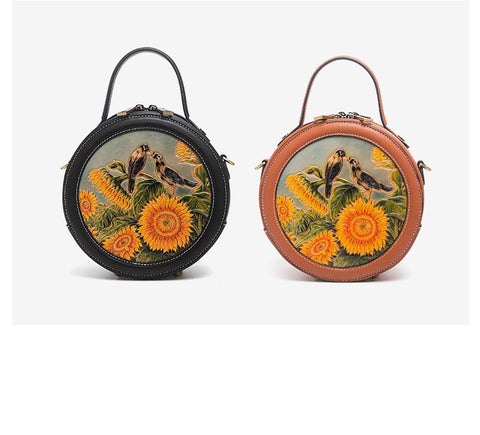 Handmade Womens Black Leather Round Handbag Purse Round Birds Crossbody Bag for Women