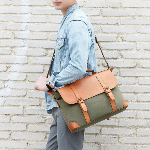 Army Green Leather Canvas Mens Casual Briefcase - Back View