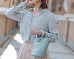Cute Green Leather Womens Mini Bucket Purse Handbag Barrel Shoulder Bag for Women
