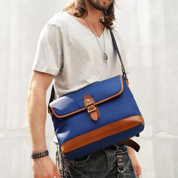 Blue Nylon Leather Mens Casual Side Bag - Back View