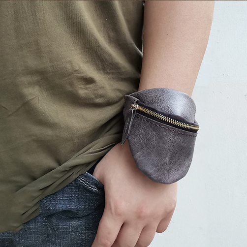 Handmade Leather Womens Mens Wrist Pouch Zipper - Back View