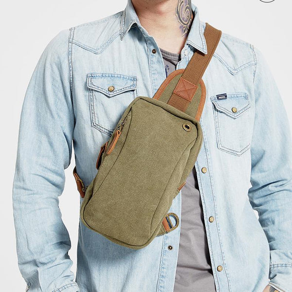 Army Green Canvas Sling Backpack Men's Sling - Back View