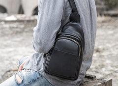 Leather Mens Black Shoulder Sling Backpack Sling Backpack Sling Bag for men