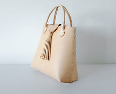 Handmade Leather Beige Womens Handbag Shoulder Bag Crossbody Purse Tassels for Women
