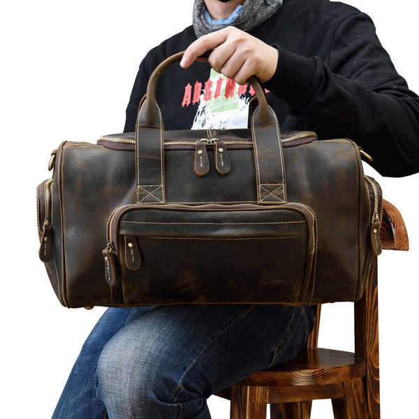 Casual Brown Leather Men Overnight Bags Handbag - Back View