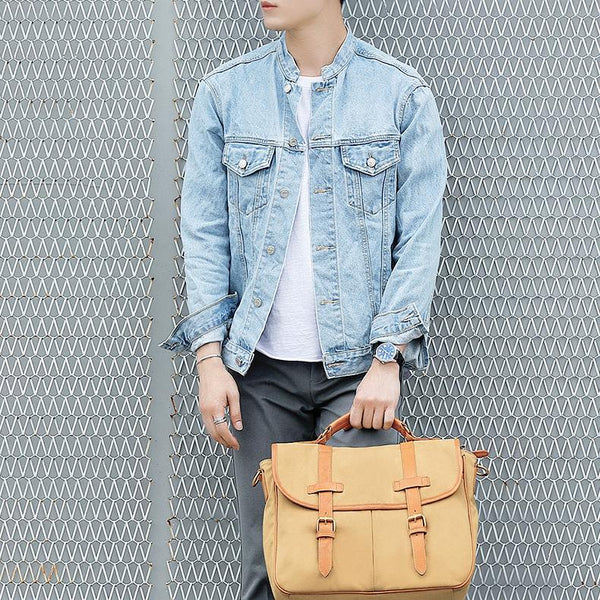 Khaki Canvas Leather Mens Casual Briefcase Shoulder - Back View