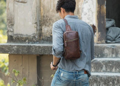 Coffee Leather Mens Sling Bag Sling Shoulder Bag Sling Chest Bag for men