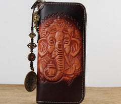 Handmade Leather Ganesha Tooled Biker Chain Mens Long Wallet Cool Leather Wallet Clutch Wallet for Men