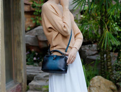 Handmade Gray Leather Handbag Vintage Doctor Bag Shoulder Bag Purse For Women