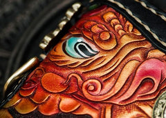 Handmade Leather Tooled Carp Mens Chain Biker Wallet Cool Leather Wallet Long Phone Wallets for Men