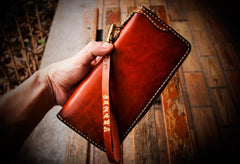 Handmade Leather Mens Chain Biker Wallets Cool Leather Wallet Long Clutch Wallet for Men