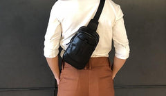 Black Leather Mens Sling Bag Sling Shoulder Bag Chest Bag for men