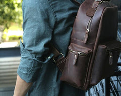 Vintage Coffee Mens Leather Backpack Travel Backpacks Laptop Backpack for men