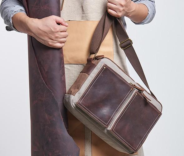 Mens Leather Canvas Gray Cool Messenger Bag Side Bag Shoulder Bag for Men