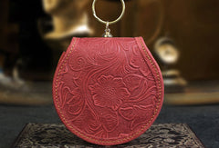 Handmade makeup leather round change coin wallet flowral leather billfold wallet for men women