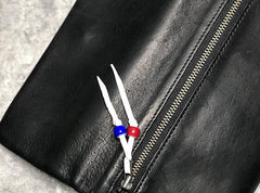 Handmade Genuine Leather Mens Clutch Cool Slim Wallet Zipper Clutch Wristlet Wallet for Men