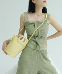 Cute Leather Yellow Womens Mini Bucket Purse Handbag Barrel Shoulder Bag for Women