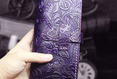 Handmade long leather wallet floral leather clutch wallet for women men zip - EverHandmade