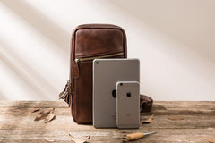 Coffee Leather Mens Sling Bag Sling Shoulder Bag Sling Chest Bag for men
