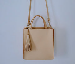 Handmade Leather Small Beige Womens Tote Shoulder Bag Handbag Purse Tassels for Women