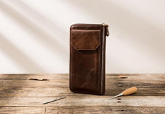 Cool Leather Mens Coffee Long Zipper Clutch Wallet Long Wallet for Men