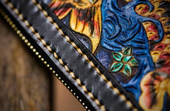 Handmade Leather Tooled Carp Mens Chain Biker Wallet Cool Leather Wallets Long Wallets for Men