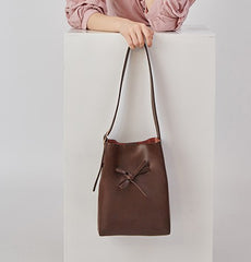 Stylish Leather Brown Womens Bucket Purse Crossbody Bag Barrel Shoulder Bag for Women