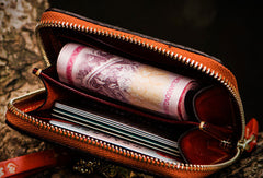 Handmade leather God Mahakala billfold biker wallet clutch zip wallet brown tooled - EverHandmade