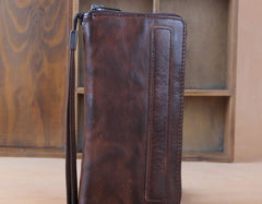 Genuine Leather Mens Cool Long Leather Wallet Zipper Clutch Wristlet Wallet for Men