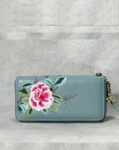 Handmade Embroidery Blue Leather Peony Wristlet Wallet Womens Zip Around Wallets Flowers Peony Ladies Zipper Clutch Wallet for Women