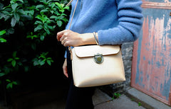 Handmade Leather Beige Womens Vintage Crossbody Purse Shoulder Bag for Women