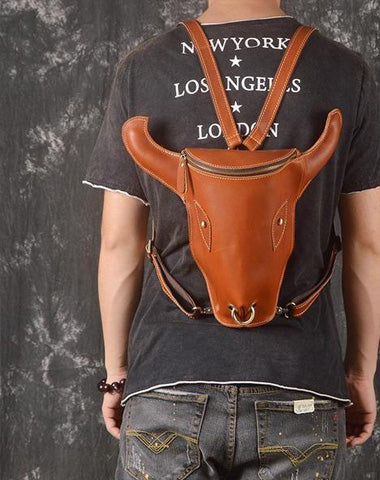 Cool Leather Mens XO Bull Backpack Tan Travel Backpack Unique Backpack for men