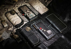 Handmade Leather Python Skin Mens Chain Biker Wallet Cool Leather Wallet Long Phone Wallets for Men