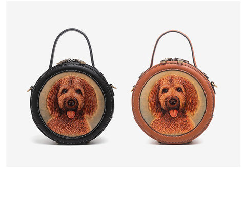 Handmade Womens Black Leather Round Handbag Purse Round Dog Crossbody Bag for Women