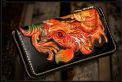 Handmade Leather Tooled Carp Mens Biker Chain Wallets Cool Leather Wallet Long Chain Wallets for Men