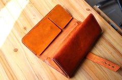 Handmade Leather Mens Long Trifold Wallet Vintage Cool Long Wallet for Men