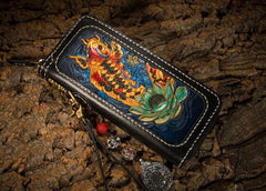 Handmade Leather Carp Mens Chain Biker Wallet Cool Leather Wallet Long Phone Wallets for Men