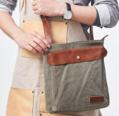 Mens Canvas Leather Square Side Bag Messenger Bag Canvas Shoulder Bag for Men