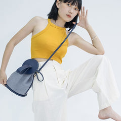 Cute Yellow Leather Womens Mini Bucket Purse Handbag Barrel Shoulder Bag for Women