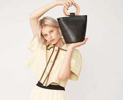 Cute Leather Black Womens Mini Bucket Purse Handbag Barrel Shoulder Bag for Women