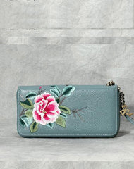 Handmade Embroidery Black Leather Peony Wristlet Wallet Womens Zip Around Wallets Flowers Peony Ladies Zipper Clutch Wallet for Women
