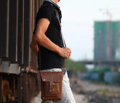 Handmade Vintage Leather Mens Small Messenger Bag Coffee Cell Phone Shoulder Bag for Men