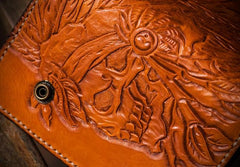 Handmade Leather Tooled Skull Indian Chief Biker Wallets Mens Cool billfold Chain Wallet Trucker Wallet with Chain
