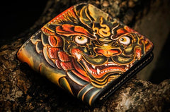 Handmade Leather Chinese Lion Tooled Mens Small Wallet Cool Leather Wallet billfold Wallet for Men