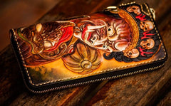 Handmade Leather Mahākāla Mens Tooled Chain Biker Wallet Cool Long Leather Wallet With Chain Wallets for Men