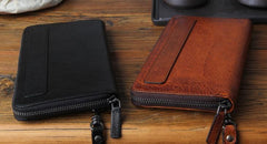 Genuine Leather Mens Cool Long Leather Wallet Biker Wallet Zipper Clutch Wristlet Wallet for Men