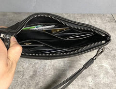 Genuine Leather Mens Clutch Cool Slim Wallet Zipper Clutch Wristlet Wallet for Men