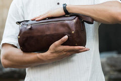 Cool Small Mens Leather Barrel Bag Messenger Bags Shoulder Bags  for Men