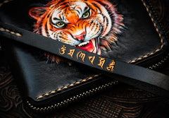 Handmade Leather Tiger Tooled Mens billfold Wallet Cool Clutch Wristlet Bag Chain Wallet Biker Wallet for Men